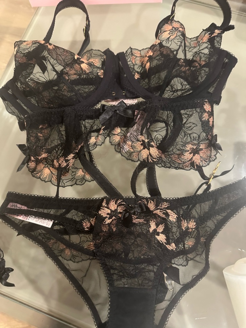 New Agent Provocateur Lace Floral Embroidered 3 piece Bra & Brief set 34D